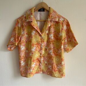 🍊Retro 70s Style Floral Paisley Button Down Short Sleeve Top | Cider | S